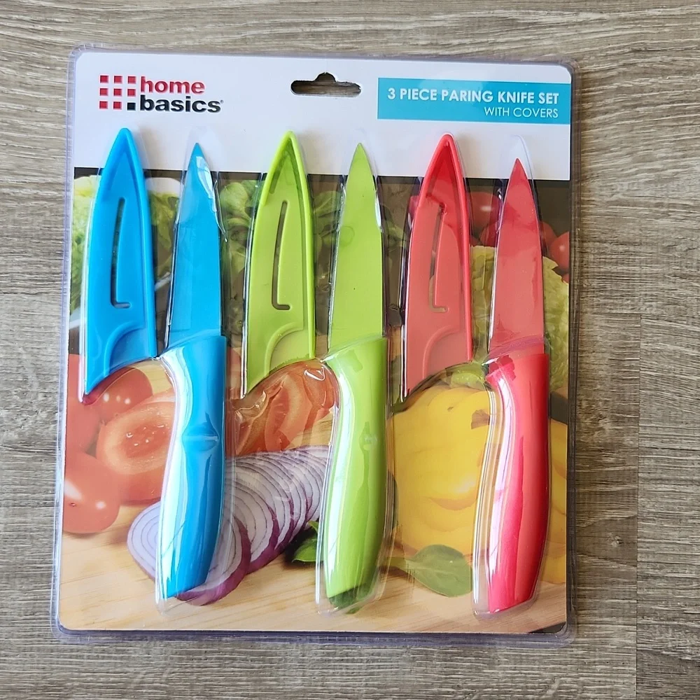 Home Basics 3 Piece Paring Knife Set with Covers NWT